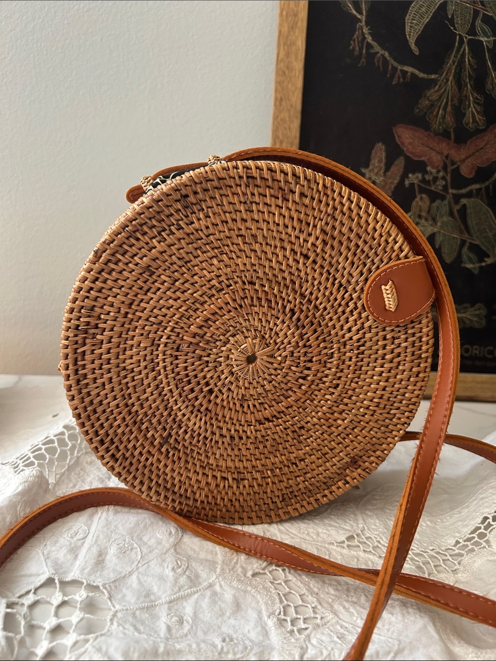 Round Woven Crossbody Bag in Tan Leather-Trim